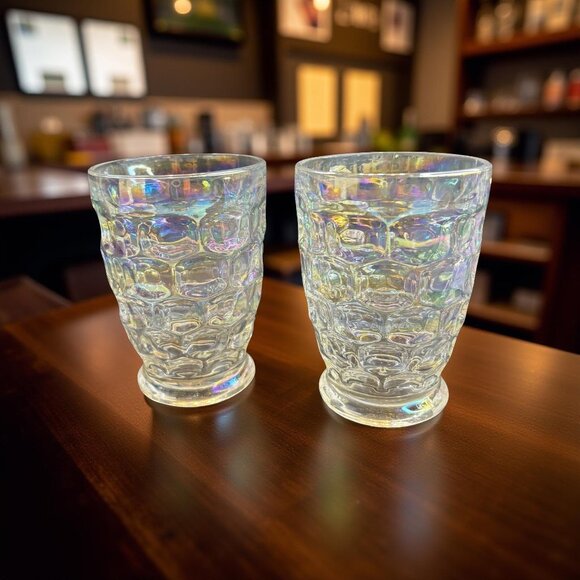 Set Of 2 Colonial Yorktown Iridescent Federal Glass Tumblers  6 oz  Thumbprint - Picture 6 of 7